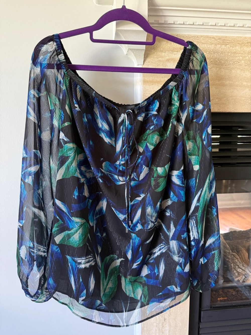 Women's Black Blue Green Floral Off-Shoulder Blouse